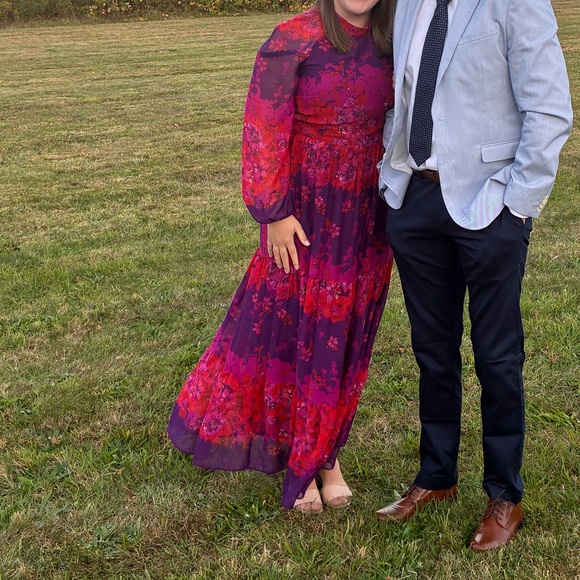 Maison Tara Long Sleeve Mock Neck Printed Chiffon Fit and Flare Dress - Picture 3 of 10